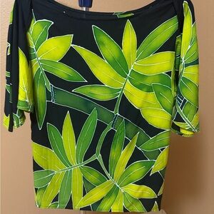 Women's Hawaiian Tropical Leaf Off-Shoulder Top - Black & Lime Green